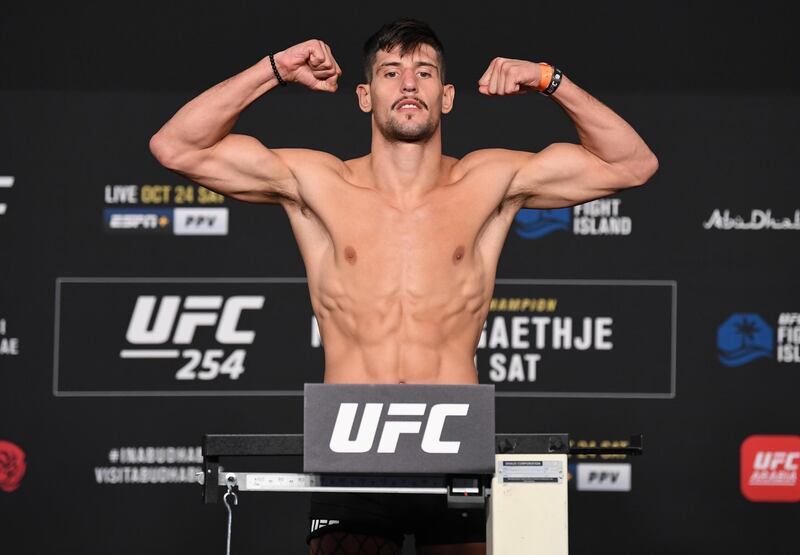 ABU DHABI, UNITED ARAB EMIRATES - OCTOBER 23: Joel Alvarez of Spain poses on the scale during the UFC 254 weigh-in on October 23, 2020 on UFC Fight Island, Abu Dhabi, United Arab Emirates. (Photo by Josh Hedges/Zuffa LLC)