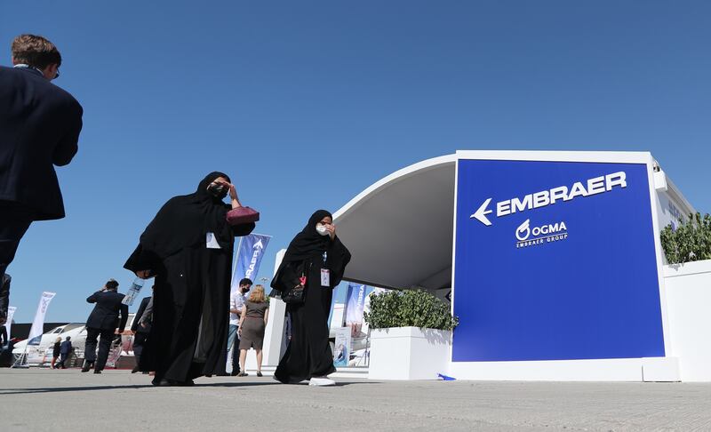 The Embraer pavilion in the outdoor display area at the Dubai Airshow 2021. EPA