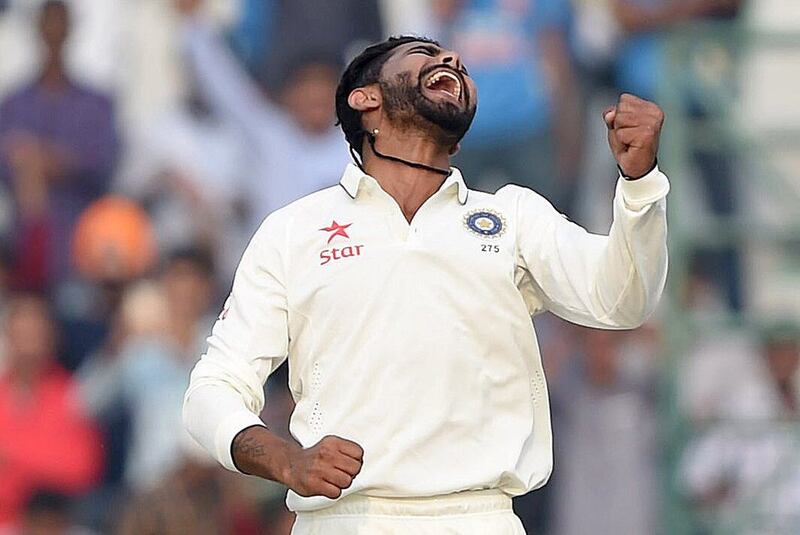 India's Ravindra Jadeja celebrates the fall of South Africa's last wicket in the first Test in Mohali on November 7, 2015. AFP