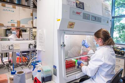 In this undated photo issued by the University of Oxford, an Oxford Vaccine Group researcher in a laboratory in Oxford, England, works on the coronavirus vaccine developed by AstraZeneca and Oxford University. Pharmaceutical company AstraZeneca said Monday Nov. 23, 2020, that late-stage trials showed its coronavirus vaccine was up to 90% effective, giving public health officials hope they may soon have access to a vaccine that is cheaper and easier to distribute than some of its rivals. (John Cairns/University of Oxford via AP)