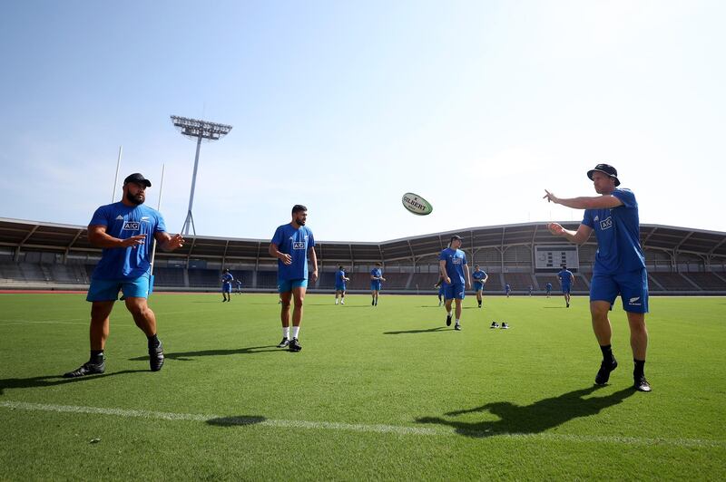 Nepo Laulala and Ben Smith of the All Blacks warm up during a training session at Kashiwa no Ha Park Stadium in Kashiwa, Chiba, Japan. Getty Images