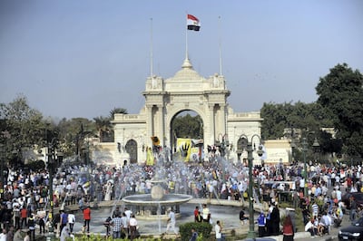 CAIRO, EGYPT - OCTOBER 11: Egyptians gather outside the Qubba Palace during the anti-coup rallies following the Friday prayers on October 11, 2013 in Cairo, Egypt. Pro-Morsi demonstrators have been staging over the past 101 days against the July 3 ouster of the democratically-elected leader by the powerful military. (Photo by Mohammed Elshamy/Anadolu Agency/Getty Images)