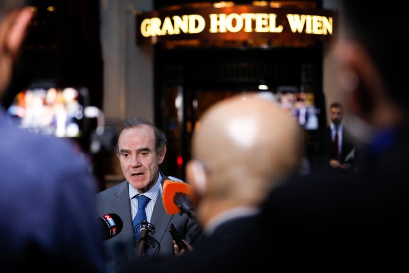 Deputy Secretary General and Political Director of the European External Action Service (EEAS), Enrique Mora,â€¨addresses the media as he leaves the 'Grand Hotel Wien' where closed-door nuclear talks with Iran take place in Vienna, Austria, Wednesday, June 2, 2021. (AP Photo/Lisa Leutner)