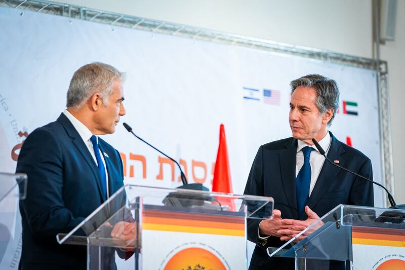 Israeli Foreign Minister Yair Lapid and US Secretary of State Antony Blinken during the Negev summit in the Israeli kibbutz of Sde Boker. WAM