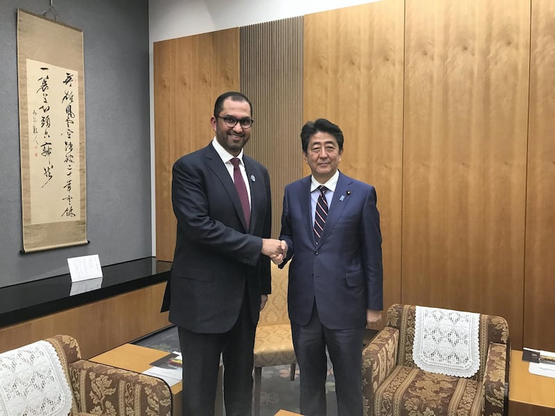 Dr Sultan Al Jaber, UAE Minister of State, and Group CEO of Adnoc, met with Shinzo Abe, Prime Minister of Japan. Courtesy Adnoc