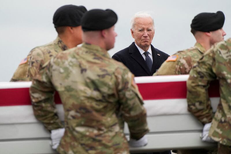 US President Joe Biden attends the dignified transfer of the remains of three US service members killed in Jordan, in Dover earlier this month. Reuters