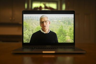 Tim Cook, chief executive officer of Apple Inc., speaks during a virtual product launch seen on a laptop computer in Tiskilwa, Illinois, U.S., on Tuesday, Sept. 15, 2020. Apple Inc. kicks off a broad slate of new products, with upgrades to two of its most important hardware lines beyond the iPhone. Photographer: Daniel Acker/Bloomberg