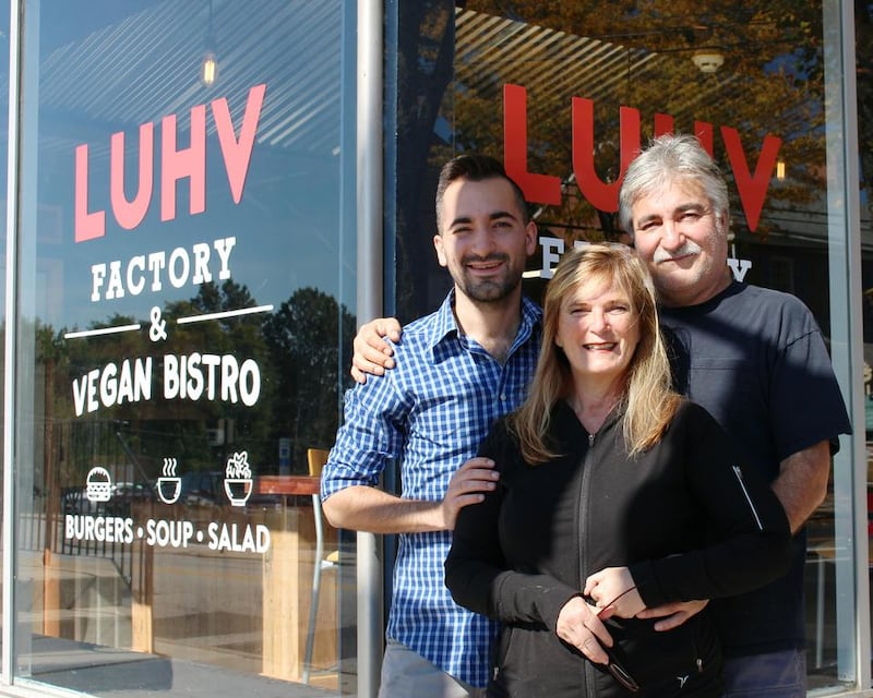 From left, Facundo Lucci, with his mother Silvia and father Daniel, who lost their family business in the Great Recession of 2007 but have since fought back with a new vegan venture in Pennsylvania. Rob Crilly for The National

