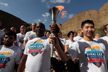 The Special Olympics World Games torch is guided through Wadi Al Wurayah Waterfalls in Fujairah on the start of the Flame of Hope tour. Pawan Singh/The National  