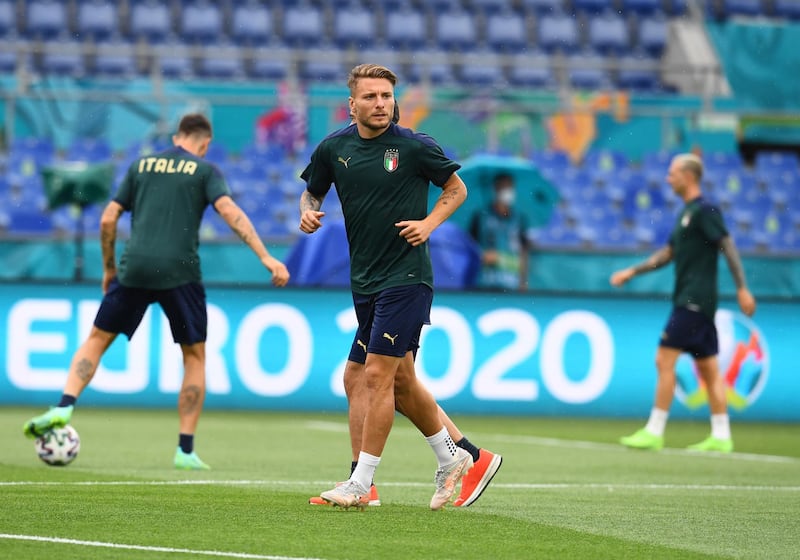 Ciro Immobile of Italy in action during a training session ahead of the Euro 2020 kick-off against Turkey at Olimpico Stadium. Getty