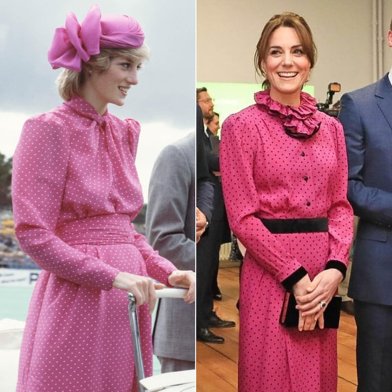 Left: Diana, Princess of Wales wears a pink polka dot dress by Donald Campbell at the Perth Hockey Stadium in Bentley, Perth, Western Australia, on April 7, 1983. Right: The Duchess of Cambridge wears vintage 1980s Oscar de la Renta to visit the Museum of Literature Ireland in Dublin on Wednesday, March 4. Getty Images 
