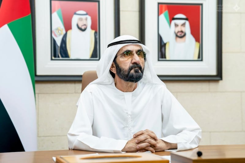 Sheikh Mohammed bin Rashid, Prime Minister and Ruler of Dubai, leads a UAE Government meeting to address the country's national priorities post-coronavirus. Courtesy: Dubai Media Office Twitter