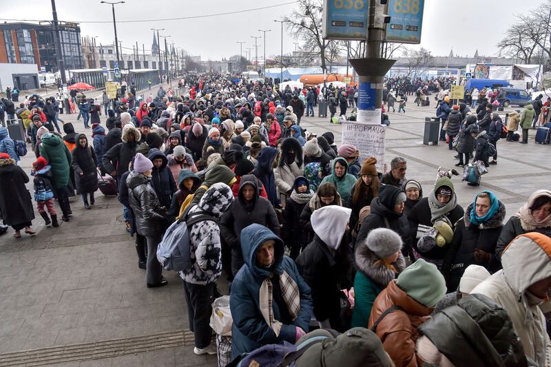 Ukrainian refugees at the train station in Lviv, western Ukraine. EPA