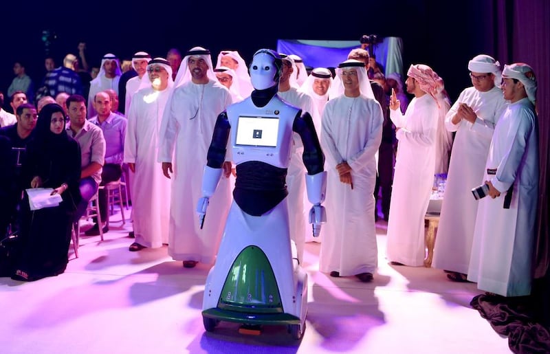 Sheikh Hamed bin Zayed, chairman of the Abu Dhabi Crown Prince’s Court, launched the Mohammed bin Zayed International Robotics Challenge on Sunday. Ravindranath K / The National 