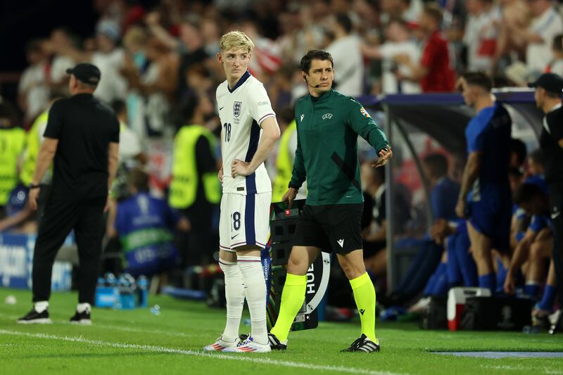England's Anthony Gordon prepares to come on as a substitute in the 89th minute. Getty Images