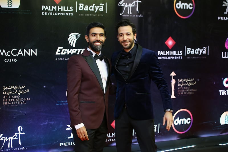 Amr Abed, left, and Karim Kassem attend the opening ceremony of the 41st Cairo International Film Festival in Egypt on November 20, 2019. EPA