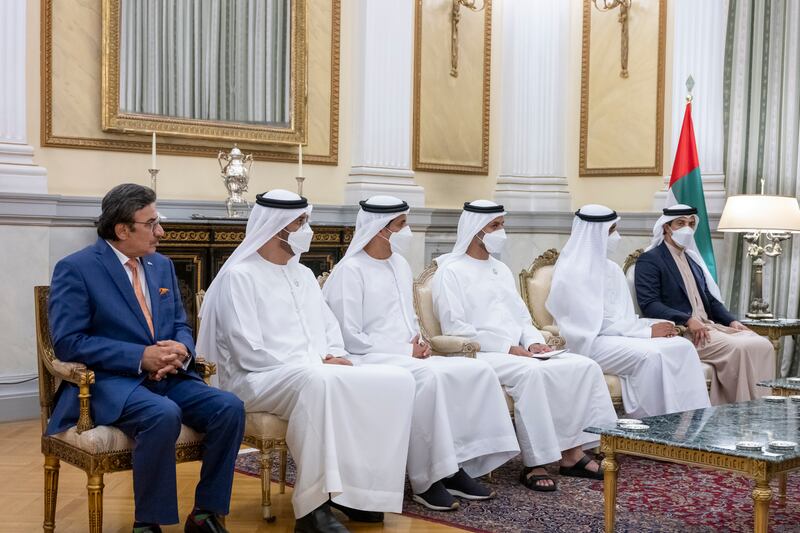 From left, Sulaiman Al Mazroui, Ambassador of the UAE to Greece; Dr Sultan Al Jaber, Minister of Industry and Advanced Technology; Ali Al Shamsi, deputy secretary general of the Supreme National Security Council; Sheikh Mohammed bin Hamad, Adviser for Special Affairs at the Presidential Court; Sheikh Zayed bin Mohamed; and Sheikh Mansour bin Zayed, Deputy Prime Minister and Minister of Presidential Affairs attend the meeting.