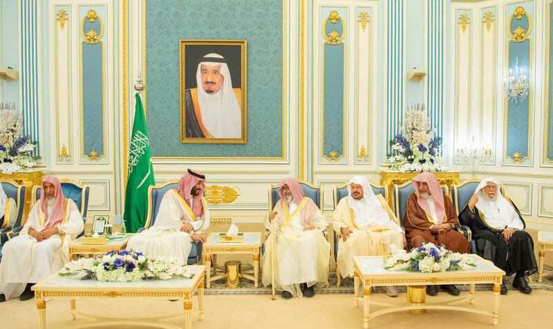 Crown Prince Mohammed bin Salman, Prime Minister of Saudi Arabia, with guests at Al Yamamah Palace in Riyadh on the first Friday of Ramadan