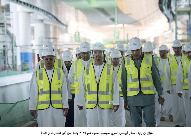 Sheikh Hazza bin Zayed, Deputy Chairman of the Abu Dhabi Executive Council, visits the departures and arrivals halls, car parking and the transit passengers’ section during his tour of the Midfield Terminal Building at Abu Dhabi International Airport on Sunday. Wam