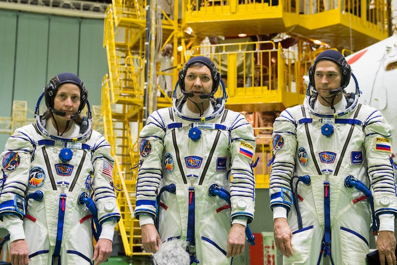 Roscosmos cosmonauts Oleg Kononenko, Nikolai Chub and NASA astronaut Loral O'Hara pose for a picture as they attend space suits and the Soyuz MS-24 spacecraft check-up ahead of their expedition to the International Space Station (ISS) at the Baikonur Cosmodrome, Kazakhstan, August 30, 2023.  Andrey Shelepin/GCTC/Roscosmos/Handout via REUTERS ATTENTION EDITORS - THIS IMAGE HAS BEEN SUPPLIED BY A THIRD PARTY.  MANDATORY CREDIT. 