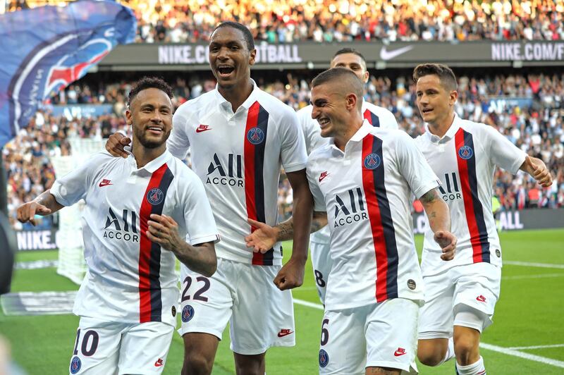 Neymar Jr celebrates with Abdou Diallo and Marco Verratti. EPA