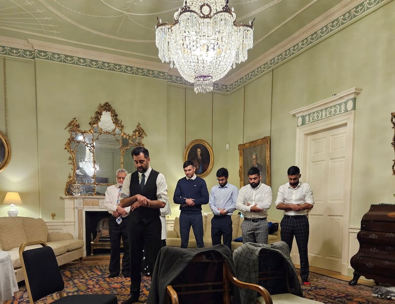 Newly confirmed Scottish First Minister Humza Yousaf leads his family in Muslim prayer during their first night of his leadership at Bute House, Edinburgh, after breaking fast together during Ramadan. Reuters