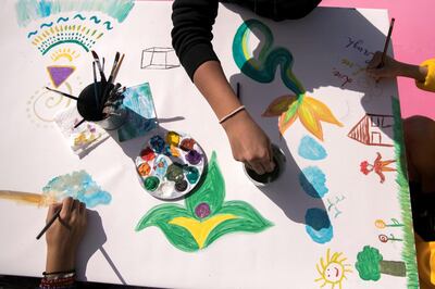 ABU DHABI, UNITED ARAB EMIRATES - JANUARY 12, 2019.

Painting corner at Inner Seed's Holistic Wellness event held at Silkor branch in Shakhboot City, Abu Dhabi.

Inner Seed is a wellness hub based in Abu Dhabi, and was founded by Laura-Helene Kopinski.

(Photo by Reem Mohammed/The National)

Reporter: 
Section:  AC