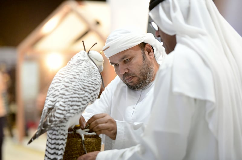 The Emirates Falconer's Club stand at the Adihex exhibition in Abu Dhabi. Khushnum Bhandari / The National 

