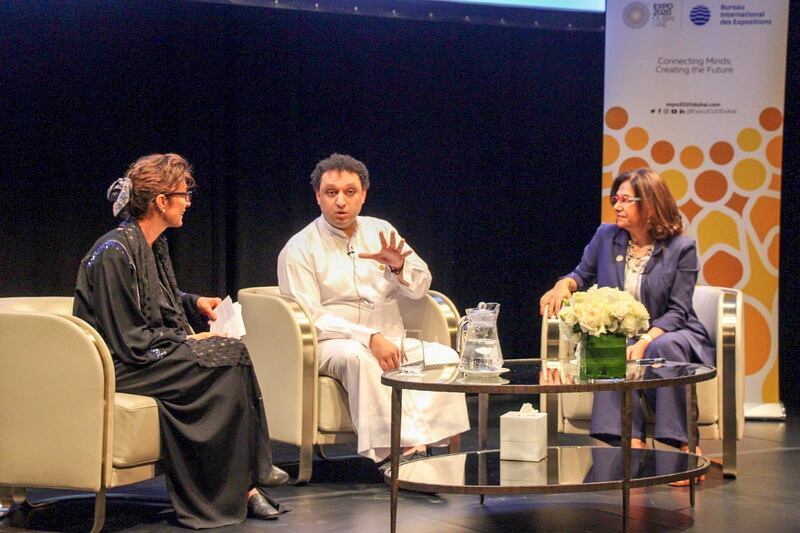 Composer Mohammed Fairouz (centre) and writer Maha Gargash (right) have collaborated to create the UAE's first opera. Courtesy Dubai Expo 2020