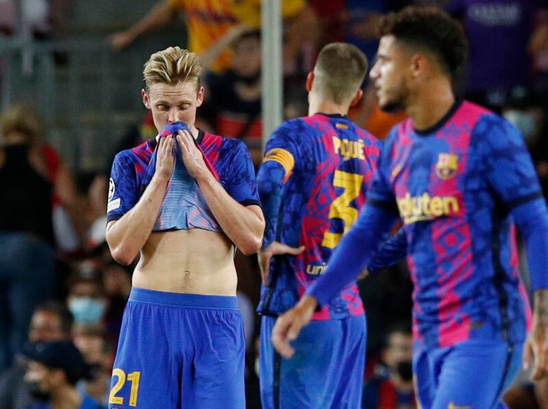 A frustrated Barcelona's Frenkie de Jong after Bayern Munich's third goal. Reuters