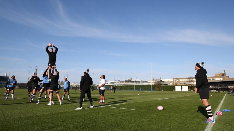 The Barbarians rugby team practice line out drills during training in London on Tuesday November 12, ahead of their game against Fiji. Getty