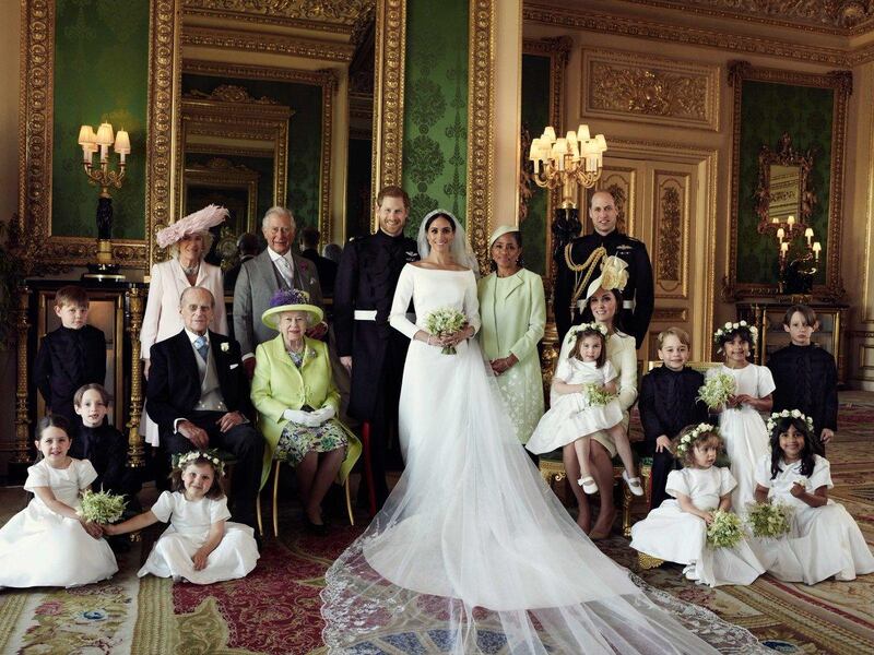 The official portrait shows Meghan and Harry with Harry's brother, sister-in-law, grandparents, father Charles and Camilla; and Meghan with her mother. The young bridal party also sat for the photo. Twitter/KensingtonPalace