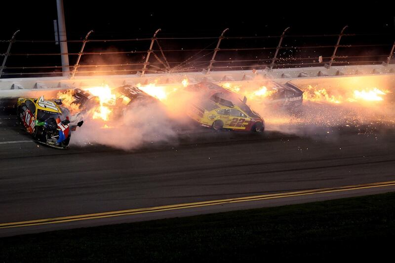 A fire breaks out during the crash at the at Daytona International Speedway. AFP