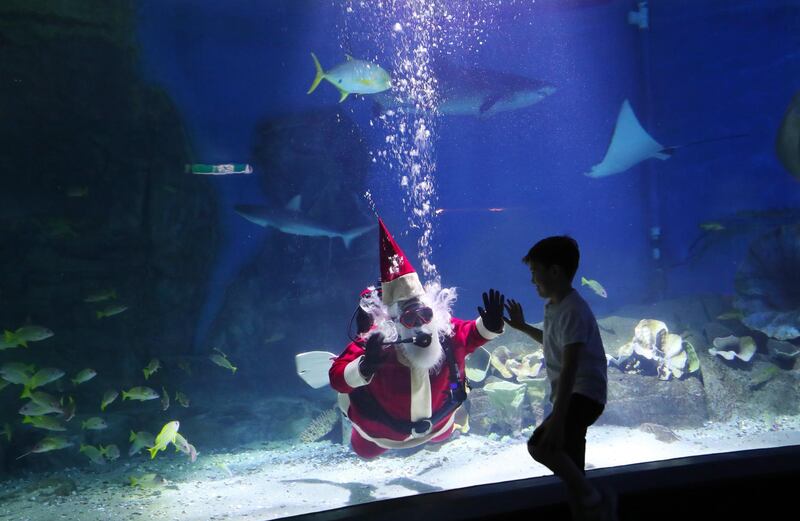 "Scuba Santa" waves at a child at Sea Life Melbourne Aquarium in Australia. David Crosling / EPA