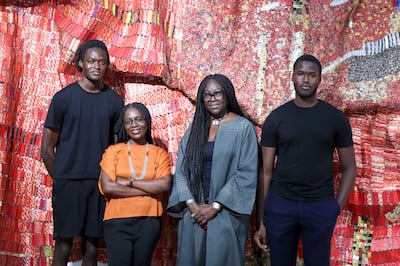 The team behind Efie Gallery, from left: Kwame Nsiah Adomako Mintah, co-founder and co-curator, Afia Owusu-Afriyie, co-curator, Valentina Mintah, founder and Kobi Mintah, co-founder and co-curator. Khushnum Bhandari / The National
