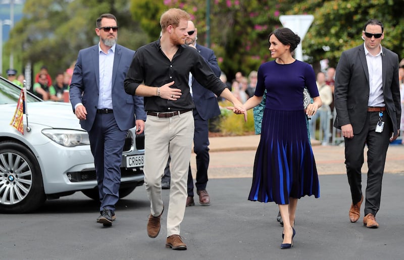 ROTORUA, NEW ZEALAND - OCTOBER 31: Prince Harry, Duke of Sussex and Meghan, Duchess of Sussex arrive at the public walkabout at the Rotorua Government Gardens on October 31, 2018 in Rotorua, New Zealand. The Duke and Duchess of Sussex are on their official 16-day Autumn tour visiting cities in Australia, Fiji, Tonga and New Zealand. (Photo by Michael Bradley - Pool/Getty Images)
