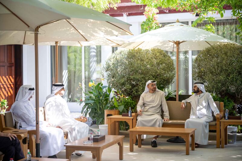 President Sheikh Mohamed with Sheikh Mohammed bin Rashid, Vice-President and Ruler of Dubai at Al Marmoum. In attendance are Sheikh Mansour bin Zayed, Deputy Prime Minister and Minister of the Presidential Court, and Sheikh Maktoum bin Mohammed, Deputy Ruler of Dubai, Deputy Prime Minister and Minister of Finance.