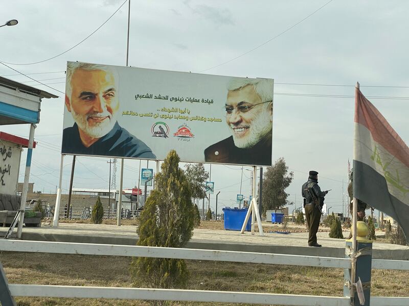 Qassem Suleimani and Abu Mahdi Al Muhandis on a poster at the entrance to Mosul, put up by militias. They have no popular support there - imposed on people. Photo: Emma Sky