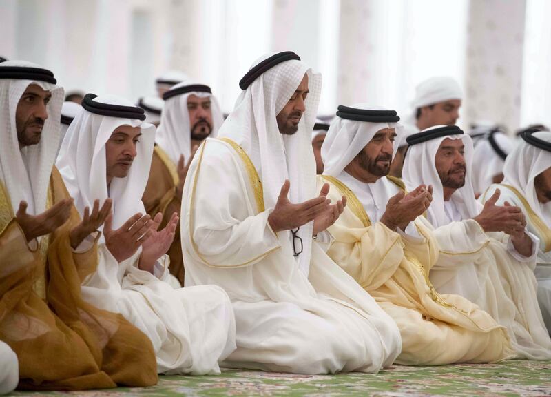 ABU DHABI, UNITED ARAB EMIRATES - September 01, 2017: (L-R) HH Sheikh Nahyan Bin Zayed Al Nahyan, Chairman of the Board of Trustees of Zayed bin Sultan Al Nahyan Charitable and Humanitarian Foundation, HH Sheikh Hazza bin Zayed Al Nahyan, Vice Chairman of the Abu Dhabi Executive Council, HH Sheikh Mohamed bin Zayed Al Nahyan, Crown Prince of Abu Dhabi and Deputy Supreme Commander of the UAE Armed Forces, HH Sheikh Saif bin Mohamed Al Nahyan and HH Sheikh Suroor bin Mohamed Al Nahyan, attend Eid Al Adha prayers at the Sheikh Zayed Grand Mosque.

( Hamad Al Kaabi / Crown Prince Court - Abu Dhabi )
—