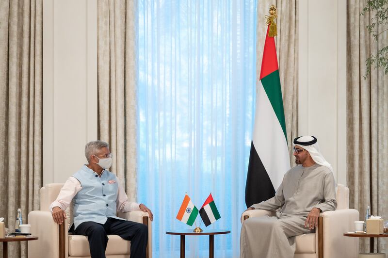 Sheikh Mohamed bin Zayed, Crown Prince of Abu Dhabi and Deputy Supreme Commander of the Armed Forces, meets India's Minister of External Affairs Subrahmanyam Jaishankar at Al Shati Palace. Photo: Ministry of Presidential Affairs