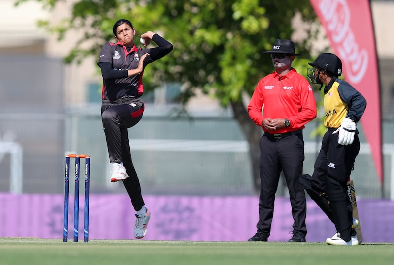 UAE's Mahika Gaur bowls in the game against Malaysia in the ICC Women's T20 World Cup Asia Region Qualifier at the ICC Academy, Sports City, Dubai. Chris Whiteoak / The National