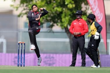 UAE's Mahika Gaur bowls in the game between the UAE and Malaysia in the ICC Women's T20 World Cup Asia Region Qualifier. ICC Academy, Sports City, Dubai. Chris Whiteoak/ The National