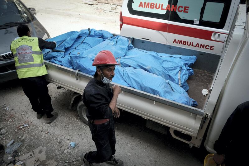 Body bags containing corpses in the back of a fire truck in Raqqa. Photo: David Pratt for The National