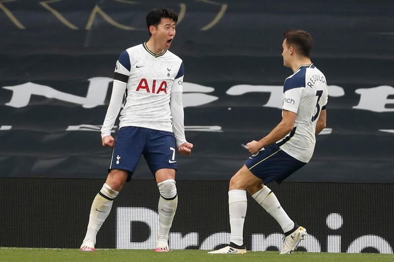 Son Heung-min celebrates after scoring for Spurs. AP