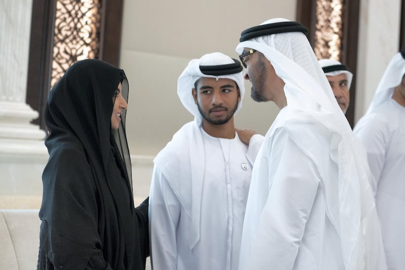 ABU DHABI, UNITED ARAB EMIRATES - July 17, 2019: HH Sheikh Mohamed bin Zayed Al Nahyan, Crown Prince of Abu Dhabi and Deputy Supreme Commander of the UAE Armed Forces (R) receives the honors and outstanding students of Grade 12 and their parents, at Al Bateen Palace.

( Mohamed Al Hammadi / Ministry of Presidential Affairs )
---