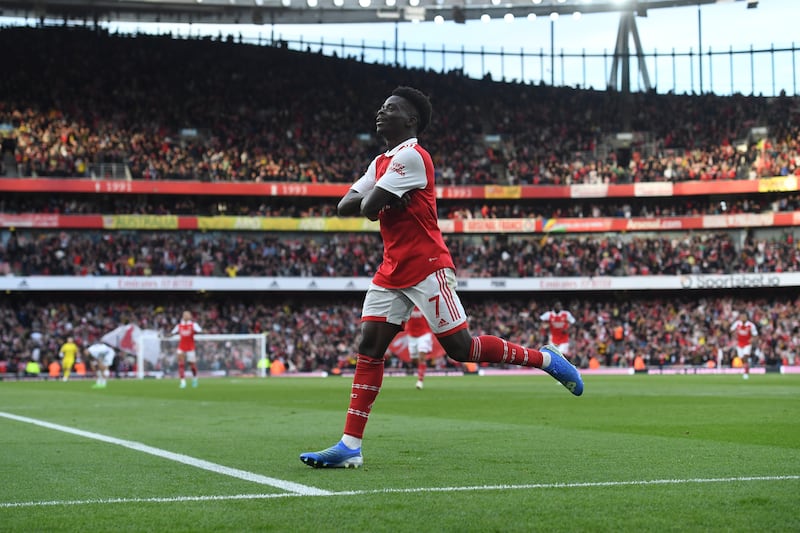 Bukayo Saka celebrates after putting Arsenal 2-1 ahead in first half stoppage time. EPA