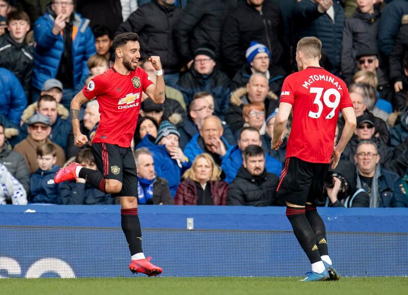 Bruno Fernandes celebrates after scoring against Everton. EPA