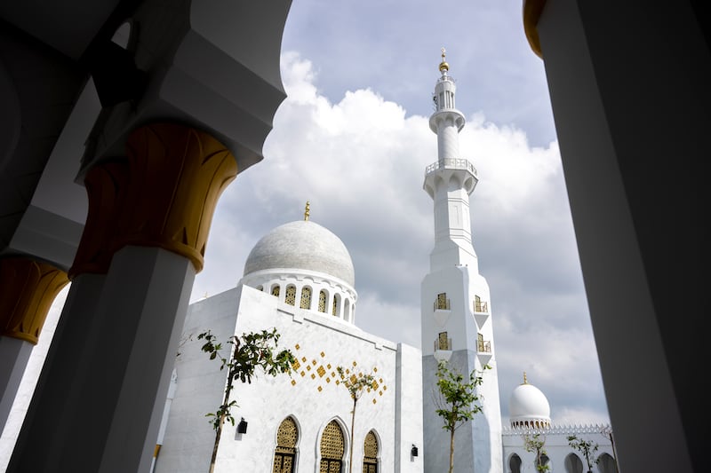 A towering minaret of Sheikh Zayed Grand Mosque. 