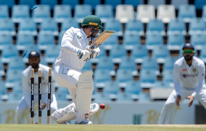 South Africa's batsman Quinton de Kock is bowled by India's bowler Mohammed Siraj. AP