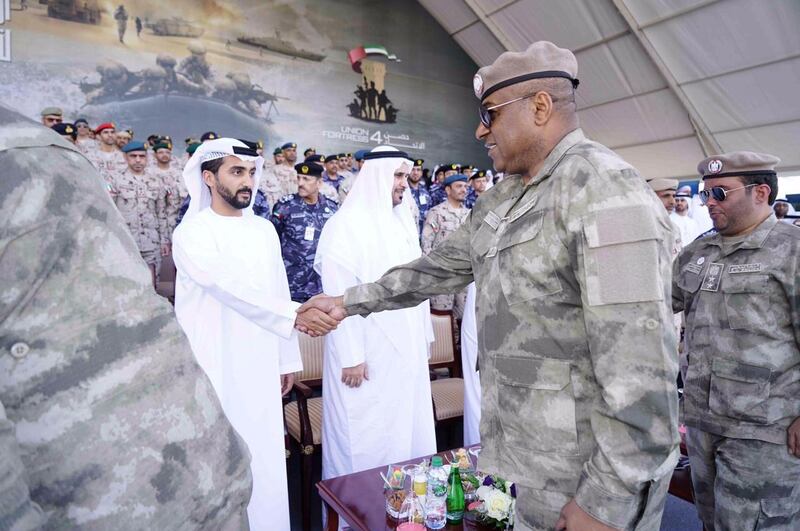 Hamad al-Sharqi witnesses the Fourth Union Fortress live-action military show in Fujairah. Wam